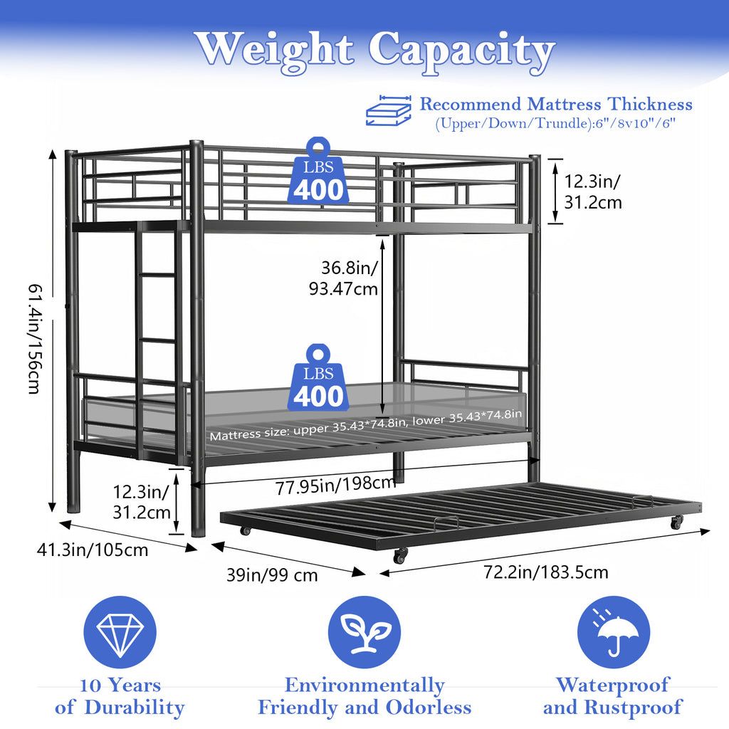 Netrum Twin over Twin Bunk Bed with Trundle ,Bunk Beds for Kids with Ladder & Guardrail, Three Bed Bunk Beds for Kids Teens, Black