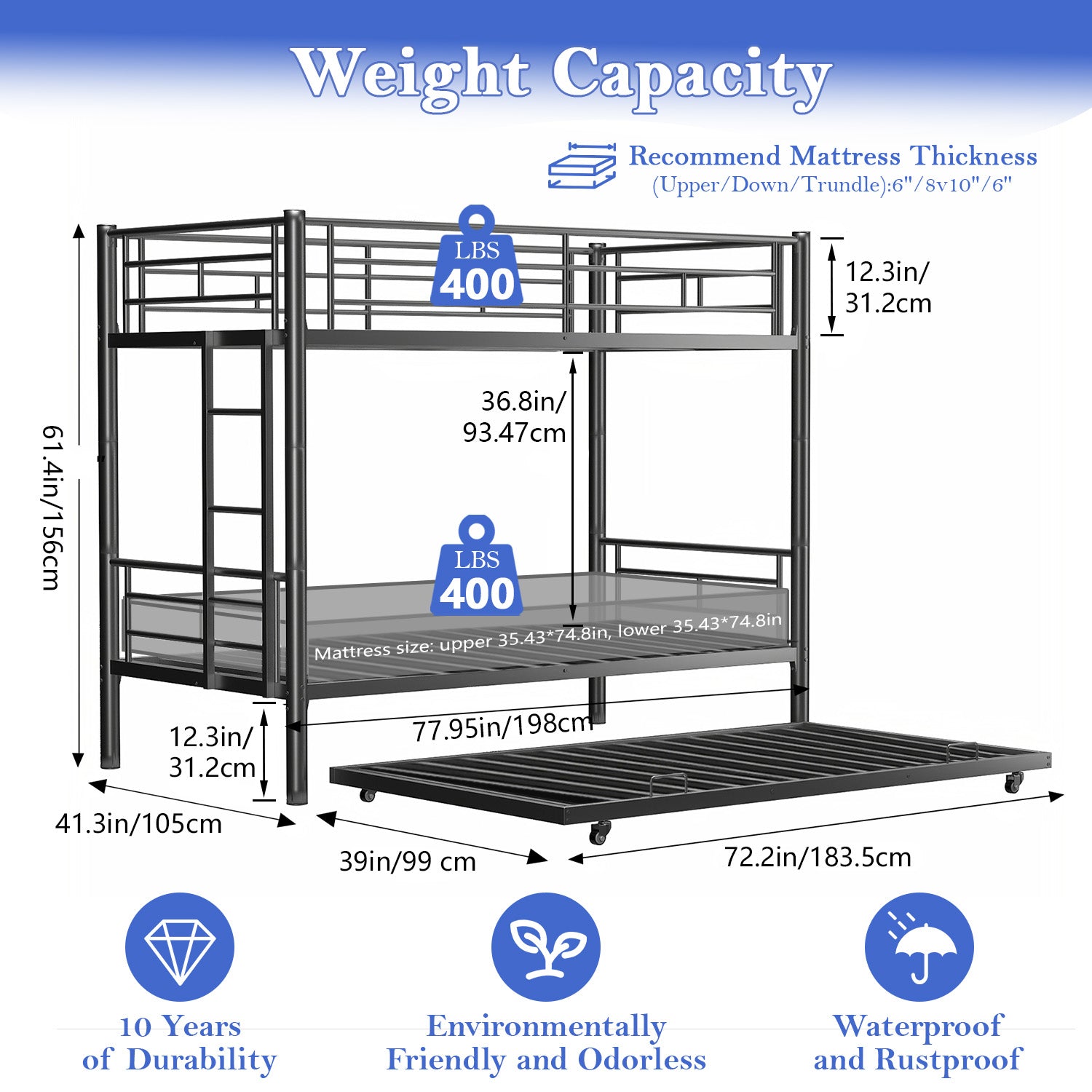 Netrum Twin over Twin Bunk Bed with Trundle ,Bunk Beds for Kids with Ladder & Guardrail, Three Bed Bunk Beds for Kids Teens, Black