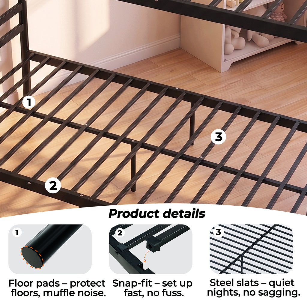 Kdymod Twin over Twin Metal Bunk Bed with Storage, Includes 2 Twin Size Memory Foam Mattresses, Converts to 2 Separate Beds, Heavy-Duty Bed Frame with Built-in Ladder & Safety Guardrail