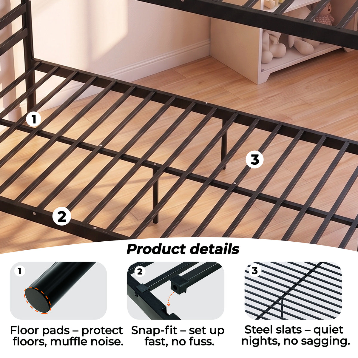 Kdymod Twin over Twin Metal Bunk Bed with Storage, Includes 2 Twin Size Memory Foam Mattresses, Converts to 2 Separate Beds, Heavy-Duty Bed Frame with Built-in Ladder & Safety Guardrail