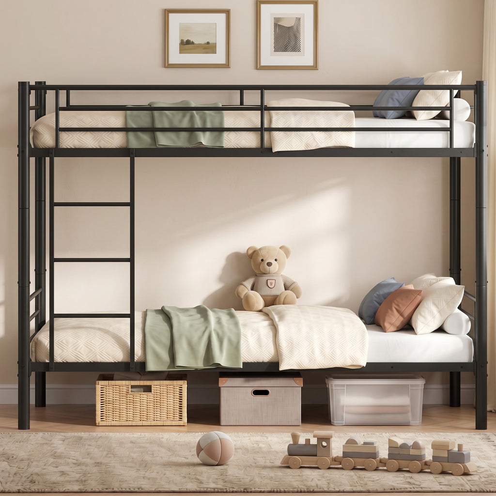 Kdymod Twin over Twin Metal Bunk Bed Converts to 2 Separate Beds, Space-Saving Bunk Bed Frame with Storage,Twin Bunk Bed with Built-in Ladder & Safety Guardrail, Black