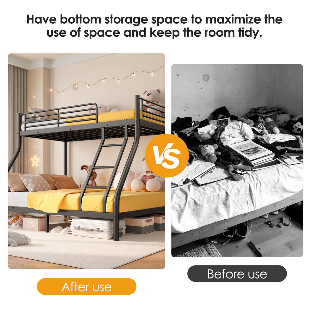 Netrum Twin over Full Bunk Bed for Teens Adults,Heavy Duty Metal Bunk Beds Frame with Ladder,Twin Full Size Bed Bunk Bed with Safe Guardrail for Small Rome,Black