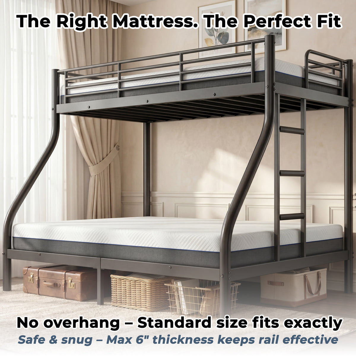 Kdymod Twin XL over Queen Metal Bunk Bed with Stairs & Storage, Space-Saving Heavy Duty Bed Frame for Adults & Teens, No Box Spring Needed, Black