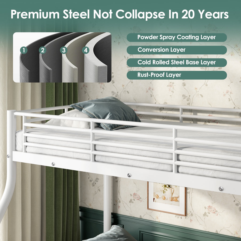 Netrum Twin XL over Queen Bunk Bed for Adults,Heavy Duty Metal Bunk Beds Frame with Wall Fastener Screws,Ladder & Full-Length Guardrail,White
