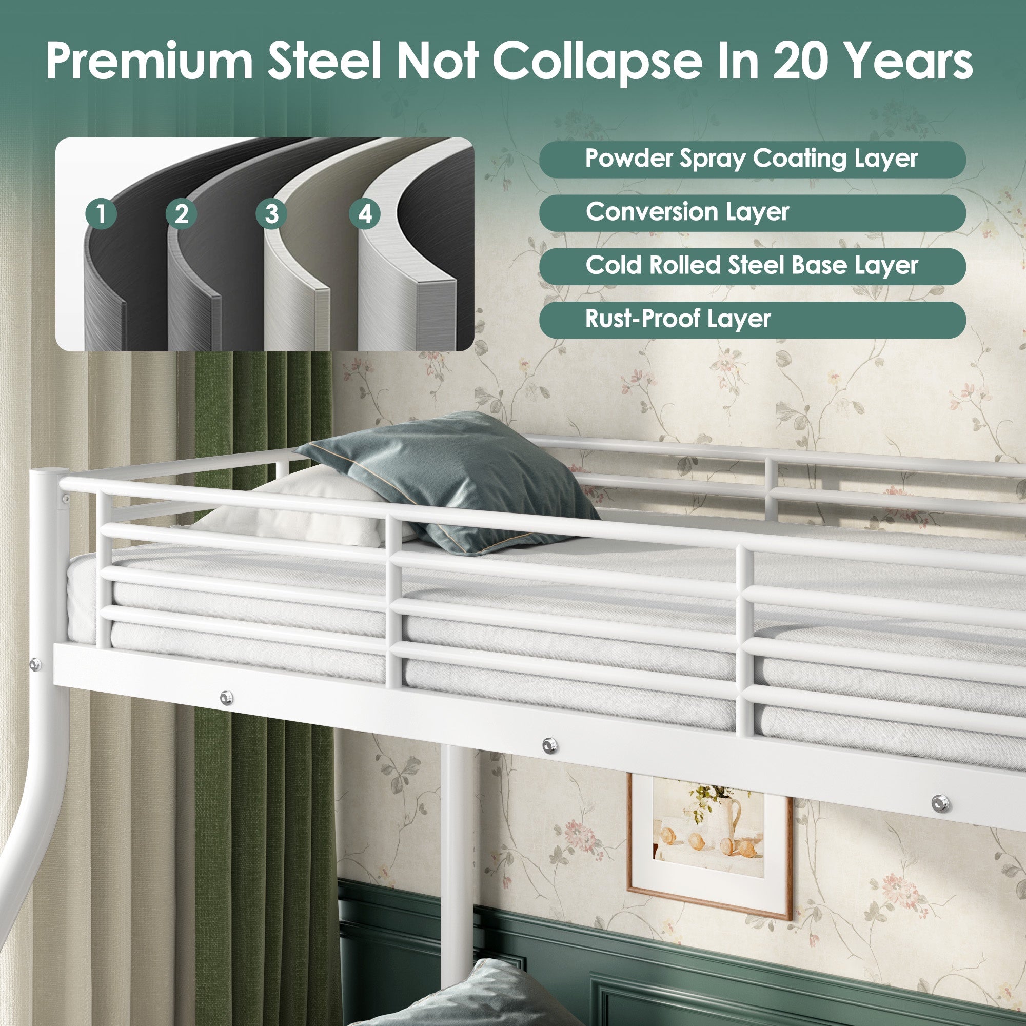 Netrum Twin XL over Queen Bunk Bed for Adults,Heavy Duty Metal Bunk Beds Frame with Wall Fastener Screws,Ladder & Full-Length Guardrail,White