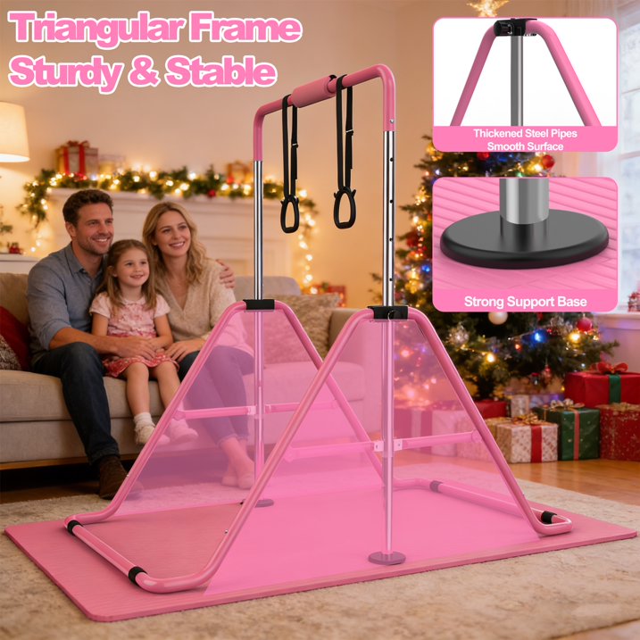 Kdymod Gymnastics Bar for Kid,Adjustable Height Kids Gymnastics Bar with Mat,Foldable Horizontal Junior Gymnastics Equipment Bar for Home Gym,Pink