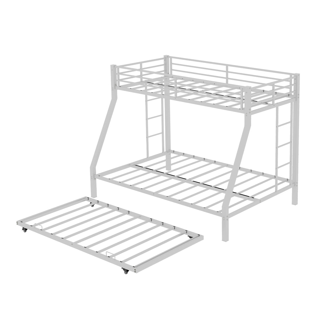 Kdymod Twin over Full Bunk Bed with Twin Trundle, Triple Bunk Bed with Ladder & Safety Guardrail, Space-Saving 3-Bed Bunk Bed Frame for Teens and Adults, No Box Spring Needed, White