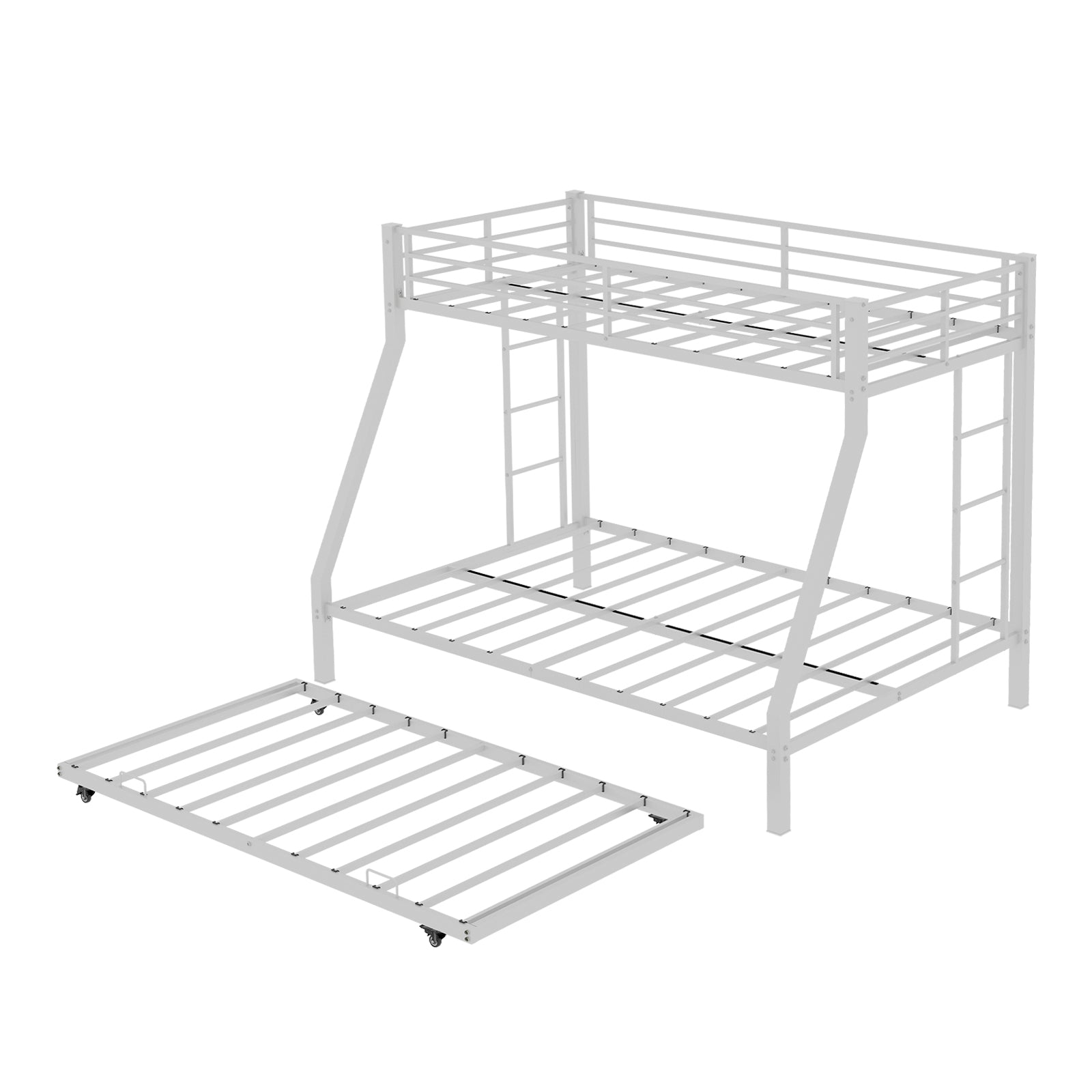 Kdymod Twin over Full Bunk Bed with Twin Trundle, Triple Bunk Bed with Ladder & Safety Guardrail, Space-Saving 3-Bed Bunk Bed Frame for Teens and Adults, No Box Spring Needed, White
