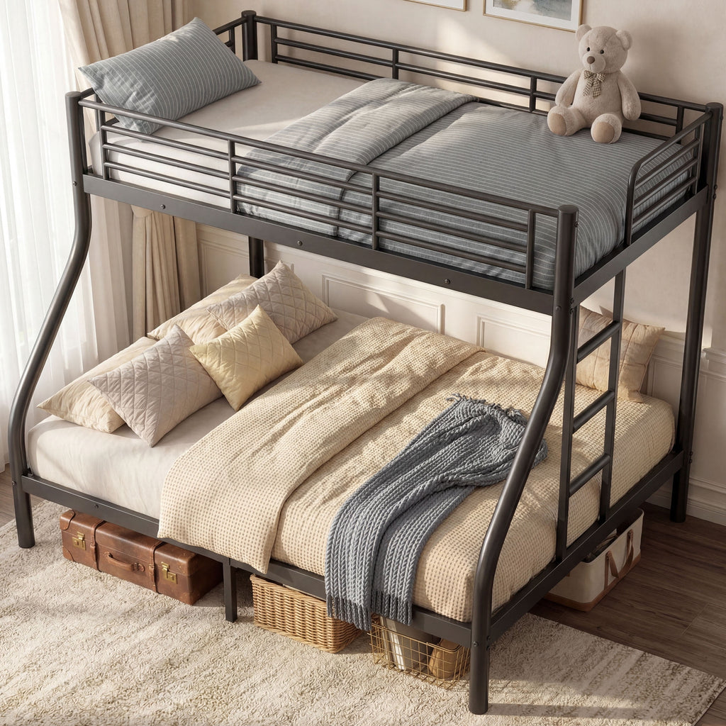 Kdymod Twin XL over Queen Metal Bunk Bed with Stairs & Storage, Heavy Duty Queen Bed Frame for Adults & Teens, No Box Spring Needed, Black