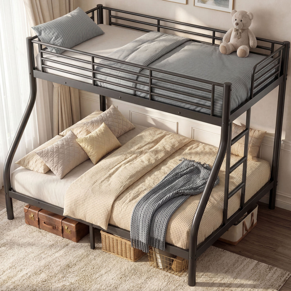 Kdymod Twin XL over Queen Metal Bunk Bed with Stairs & Storage, Heavy Duty Queen Bed Frame for Adults & Teens, No Box Spring Needed, Black