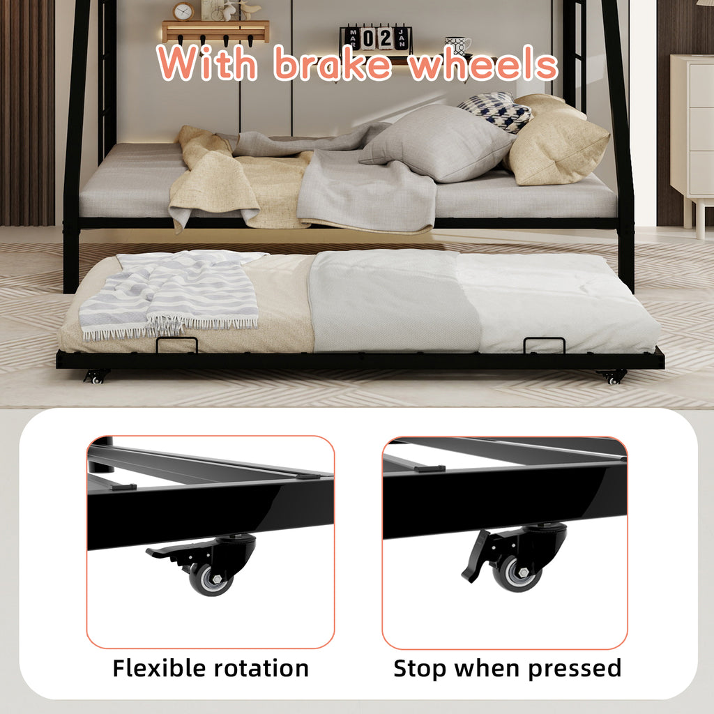 Kdymod Twin over Full Bunk Bed with Twin Trundle, Triple Bunk Bed with Ladder & Safety Guardrail, Space-Saving 3-Bed Bunk Bed Frame for Teens and Adults, Includes 3 6" Memory Foam Mattresses, Black