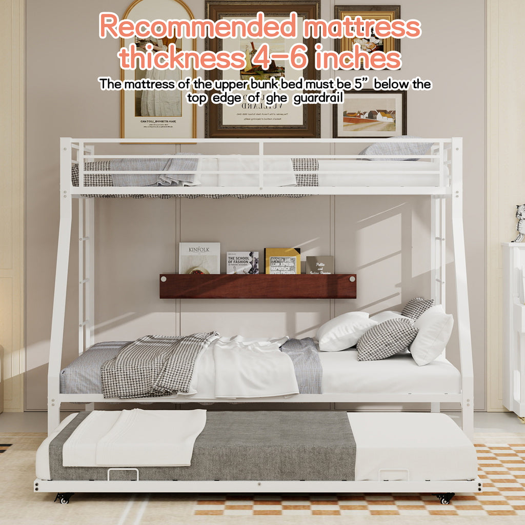 Kdymod Twin-XL over Queen Bunk Bed with Twin Trundle, Triple Bunk Bed with Ladder & Safety Guardrail, Bed Frame for Teens and Adults, Includes 3 6" Memory Foam Mattresses, White