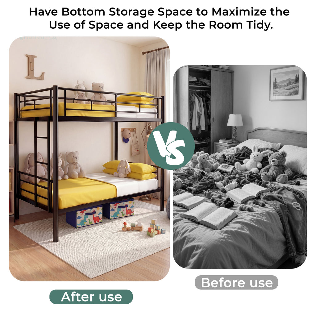 Kdymod Twin over Twin Metal Bunk Bed Converts to 2 Separate Beds, Space-Saving Bunk Bed Frame with Storage,Twin Bunk Bed with Built-in Ladder & Safety Guardrail, Black