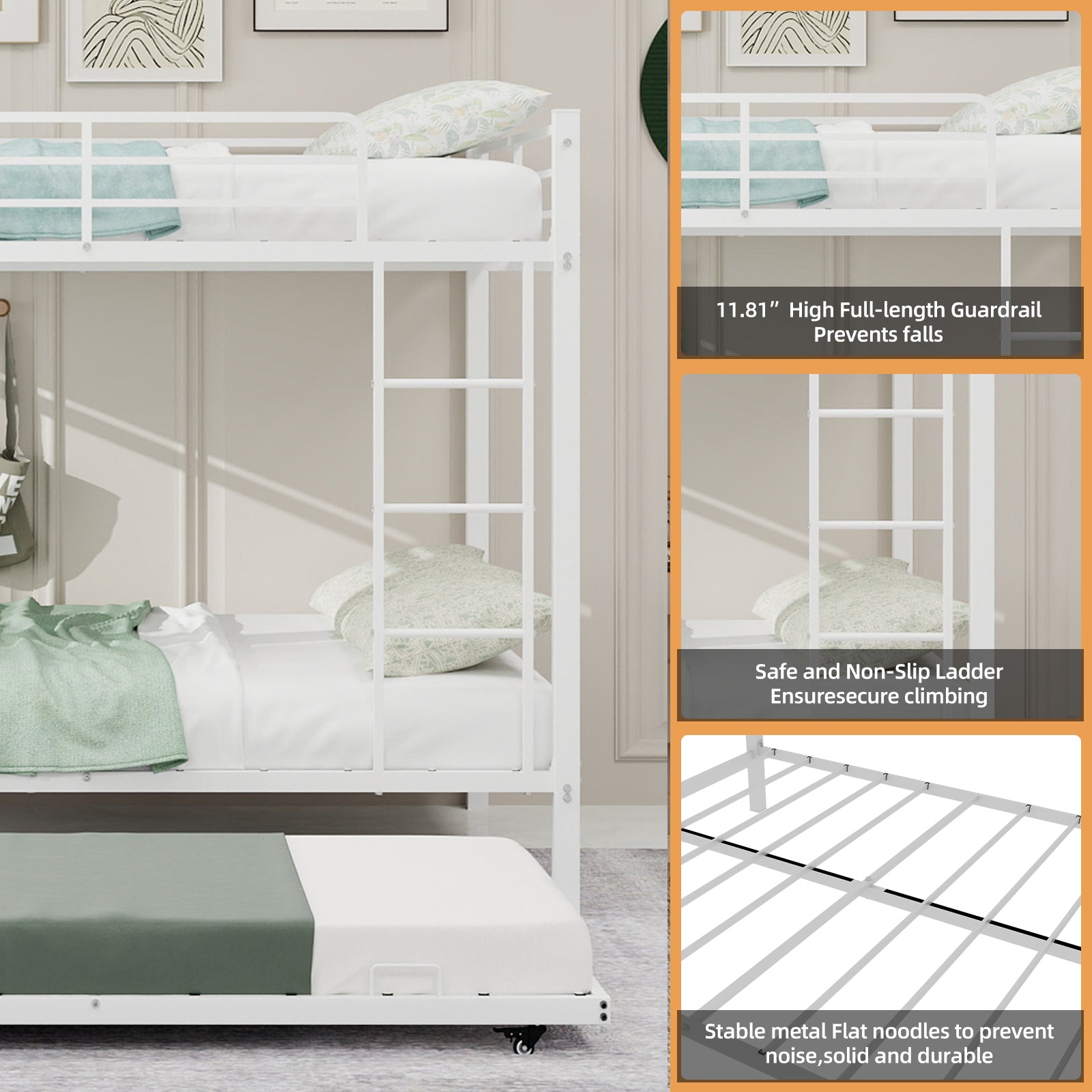 Kdymod Full over Full Bunk Bed with Twin Trundle, Triple Bunk Bed with Ladder & Safety Guardrail, Space-Saving 3-Bed Bunk Bed Frame for Teens and Adults, No Box Spring Needed, White