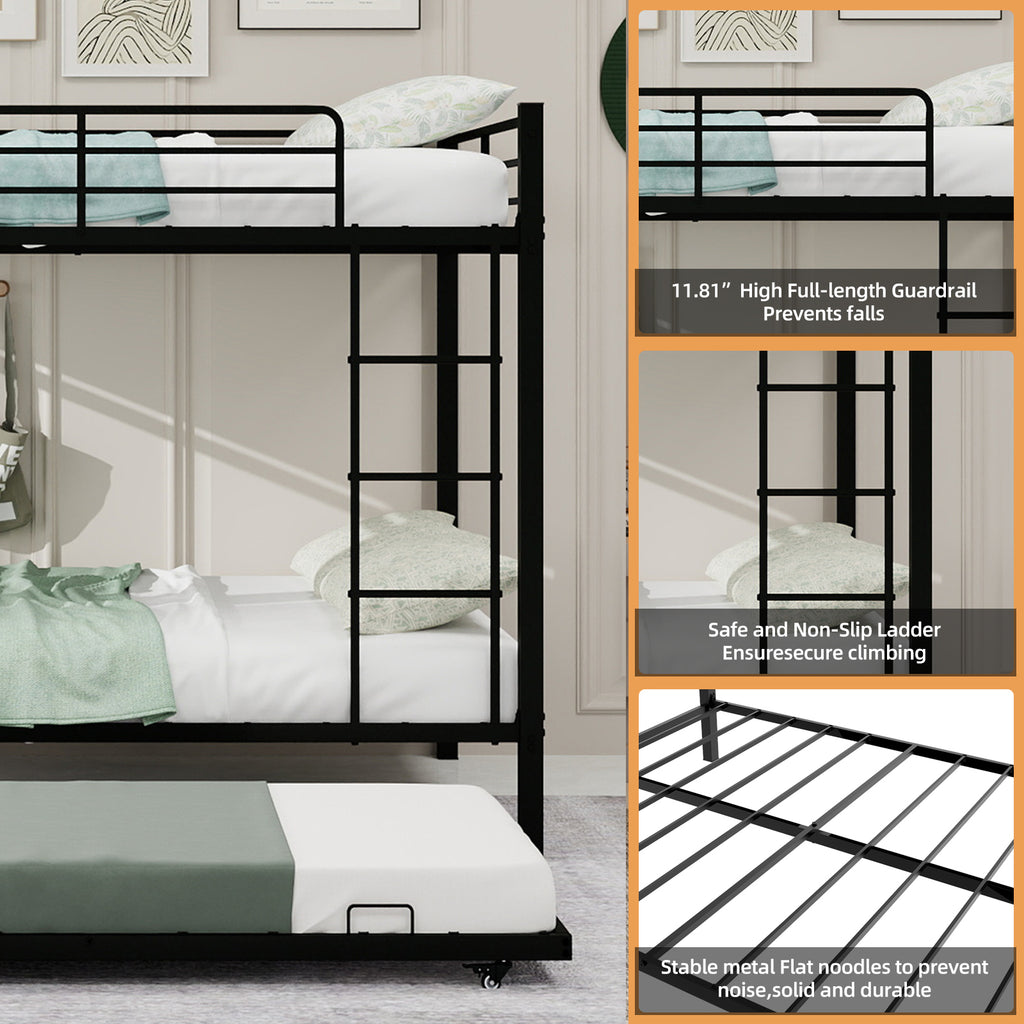 Kdymod Full over Full Bunk Bed with Twin Trundle, Triple Bunk Bed with Ladder & Safety Guardrail, Space-Saving 3-Bed Bunk Bed Frame for Teens and Adults, Includes 3 6" Memory Foam Mattresses, Black