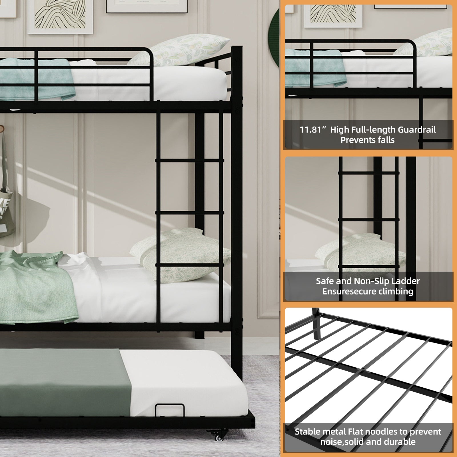 Kdymod Full over Full Bunk Bed with Twin Trundle, Triple Bunk Bed with Ladder & Safety Guardrail, Space-Saving 3-Bed Bunk Bed Frame for Teens and Adults, Includes 3 6" Memory Foam Mattresses, Black