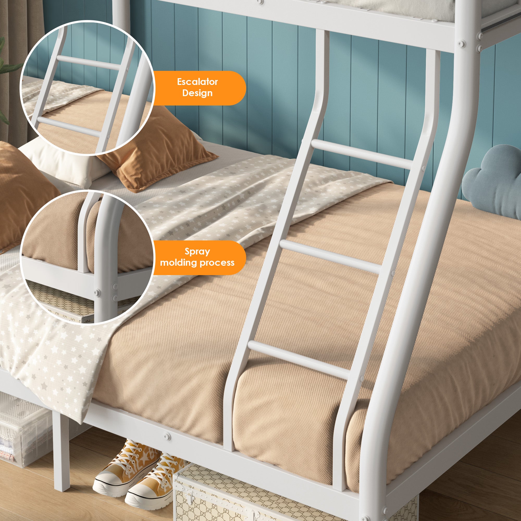 Kdymod Bunk Bed Twin over Full Bunk Beds with Ladder,Heavy Duty Metal Bunk Bed Frame with Wall Fastener Screws,Twin Full Size Bed Bunk Bed with Full-Length Guardrail for Adults,White