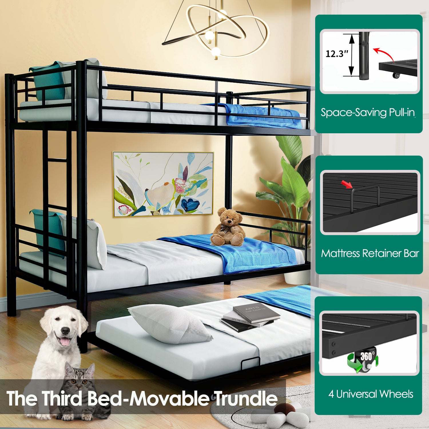 Netrum Twin over Twin Bunk Bed with Trundle ,Bunk Beds for Kids with Ladder & Guardrail, Three Bed Bunk Beds for Kids Teens, Black