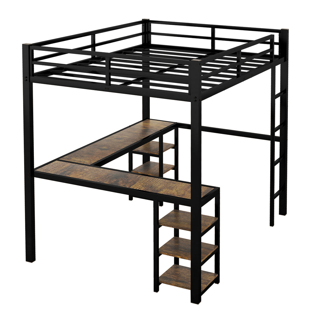 Uiowio Full XL Metal Loft Bed with L-Shaped Desk Underneath & 6 Shelves & Storage, Space-Saving Bed Frame with Built-in Ladder & Safety Guardrail, for Teens