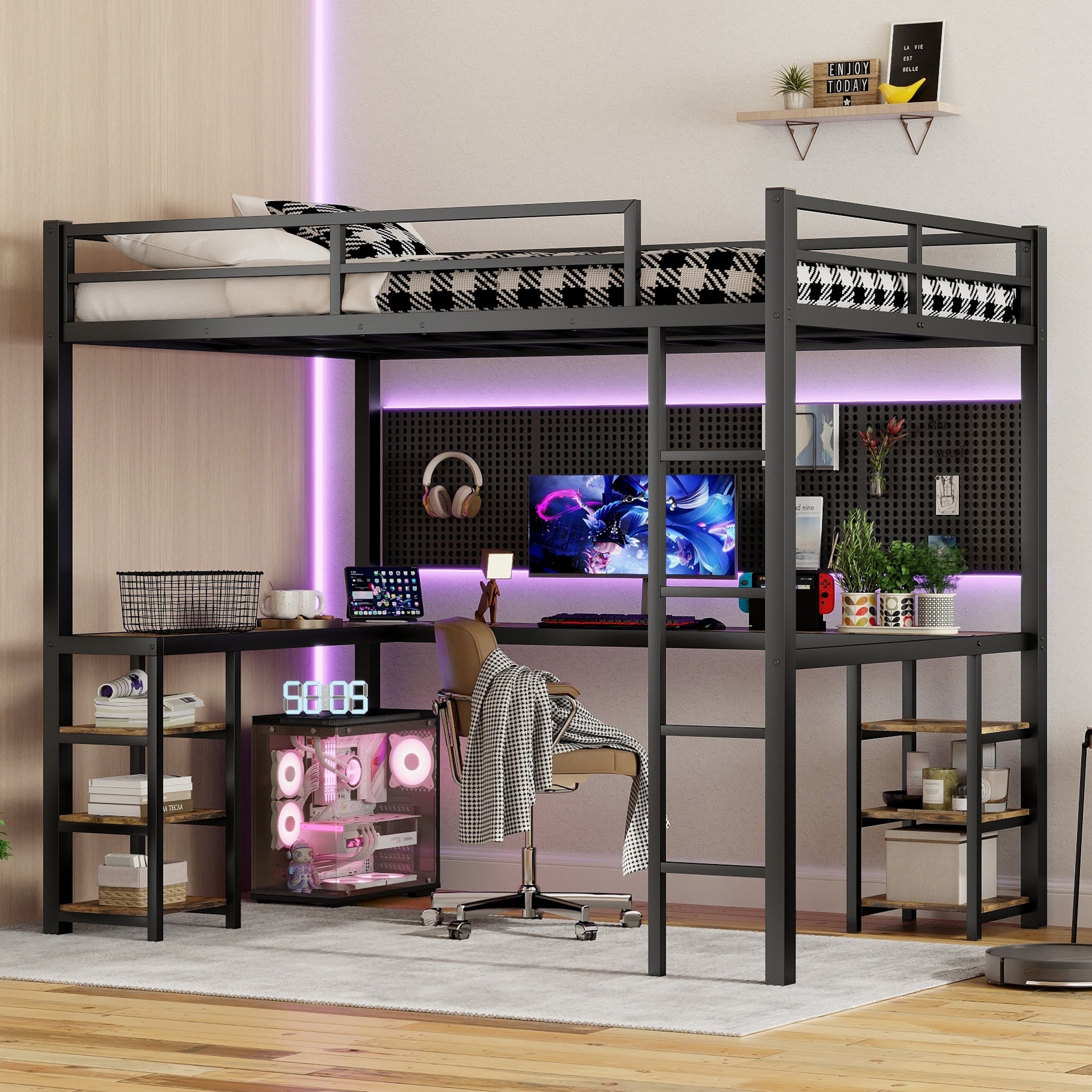 Uiowio Full XL Metal Loft Bed with L-Shaped Desk Underneath & 6 Shelves & Storage, Space-Saving Bed Frame with Built-in Ladder & Safety Guardrail, for Teens