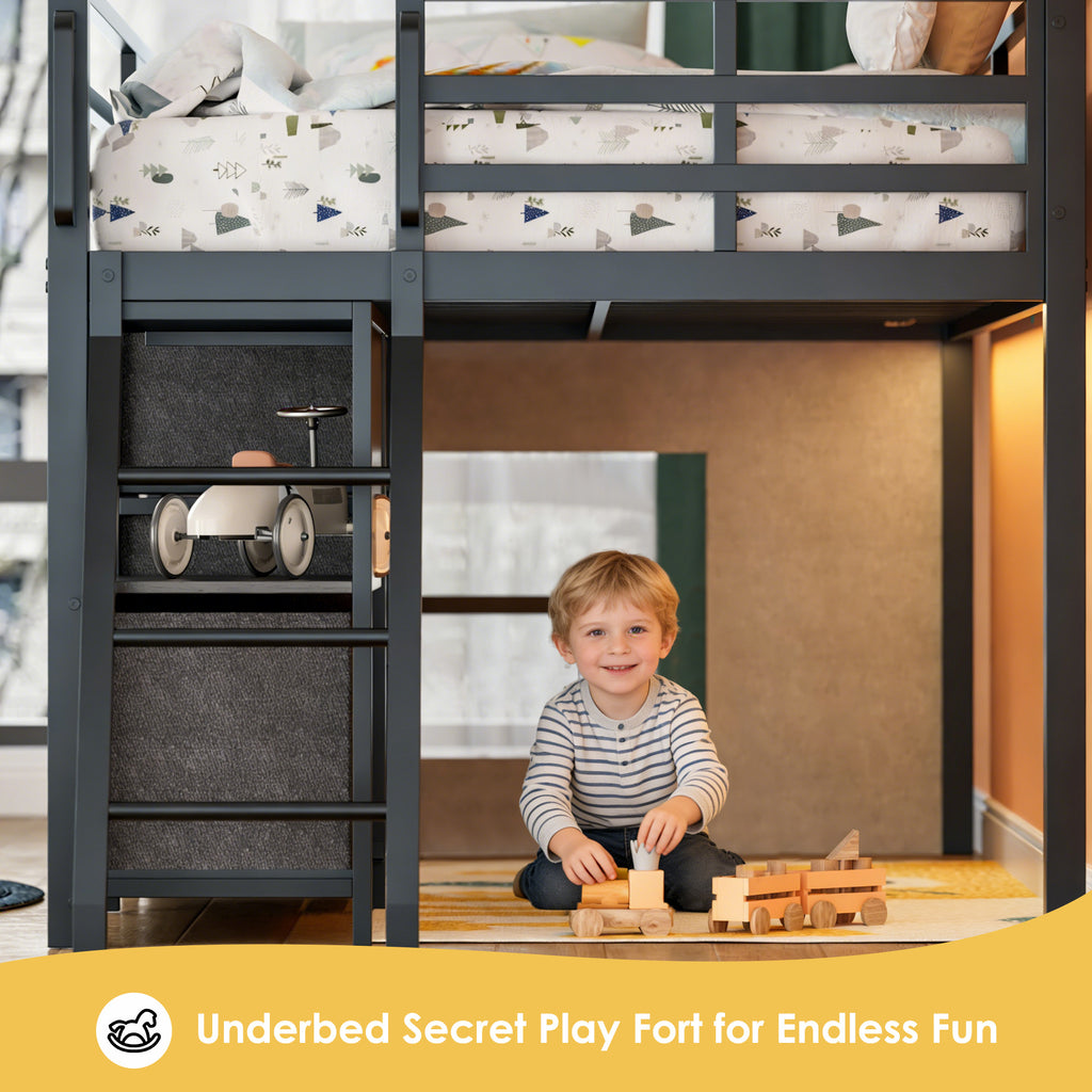 Kdymod Loft Bed Twin with 6 Storage Drawers & Shelf,Teens Adult Loft Bed with LED Lights & Play Curtain,Metal Twin Loft Storage Bed Frame with Ladder & Safety Guardrail for Bedroom Small Room
