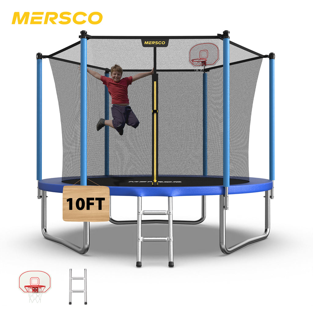 Mersco 10ft Trampoline for Kids,Outdoor Trampoline with Enclosure,Basketball Hoop and Ladder,Upright-Poled Backyard Trampoline PLAY for Family Fun,Jumping Trampoline fo Birthday Gifts,Blue