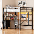 Uiowio Full Metal Loft Bed Frame with L-Shaped Desk & LED Lights & Charging Station, Loft Bed with 3 Fabric Drawers & 2 Storage Shelves, Safety Guard & Stairs, Black