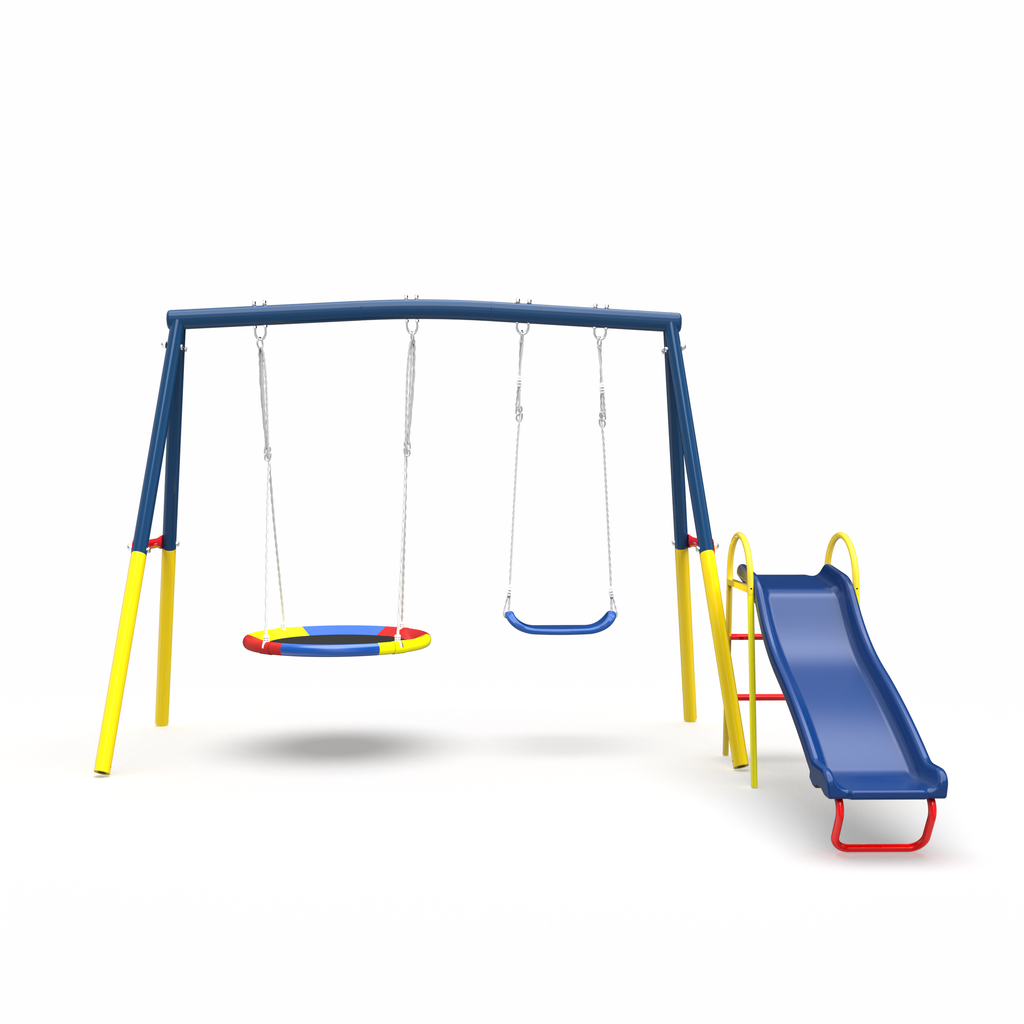 Mersco 3-in-1 Swing Set for Backyard with Slide, Swing Heavy Duty 440lbs Metal Outdoor Swing Stand, Contain 1 Saucer 32" and 1 Belt Seat 26.2" ,Slide for Playground, Backyard Playset