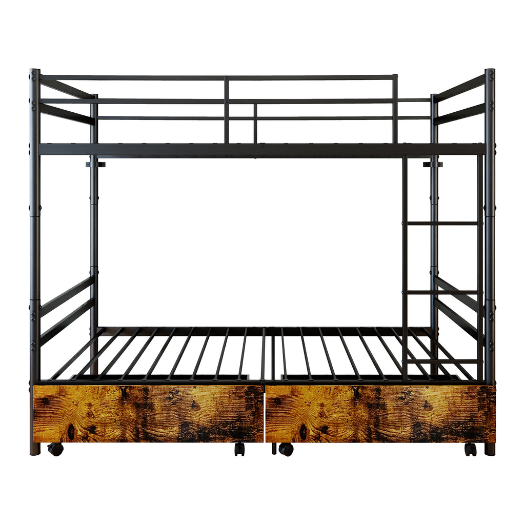 Kdymod Twin over Twin Metal Bunk Bed with Storage Drawers, Heavy Duty Bed Frame Converts to 2 Separate Beds with Safety Guardrail & Entrance & Built-in Ladder, Black