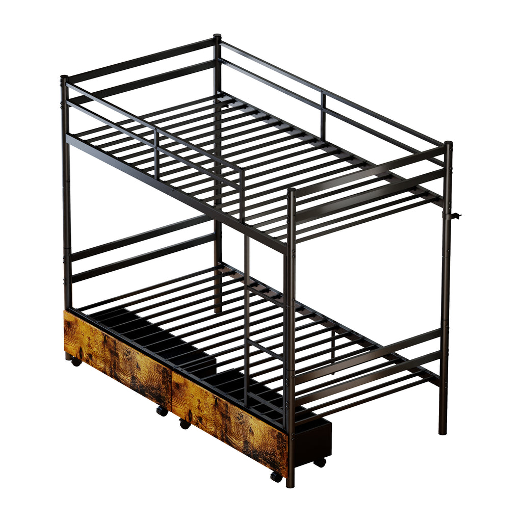 Kdymod Twin over Twin Metal Bunk Bed with Storage Drawers, Heavy Duty Bed Frame Converts to 2 Separate Beds with Safety Guardrail & Entrance & Built-in Ladder, Black