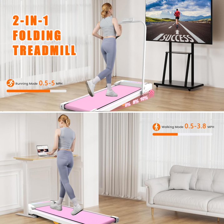 Kdymod 2 in 1 Foldable Treadmill with LED Display & Remote,Walking Treadmill Jogging Machine with Handle Bar & Incline,Under Desk Walking Pad for Home Office,Pink