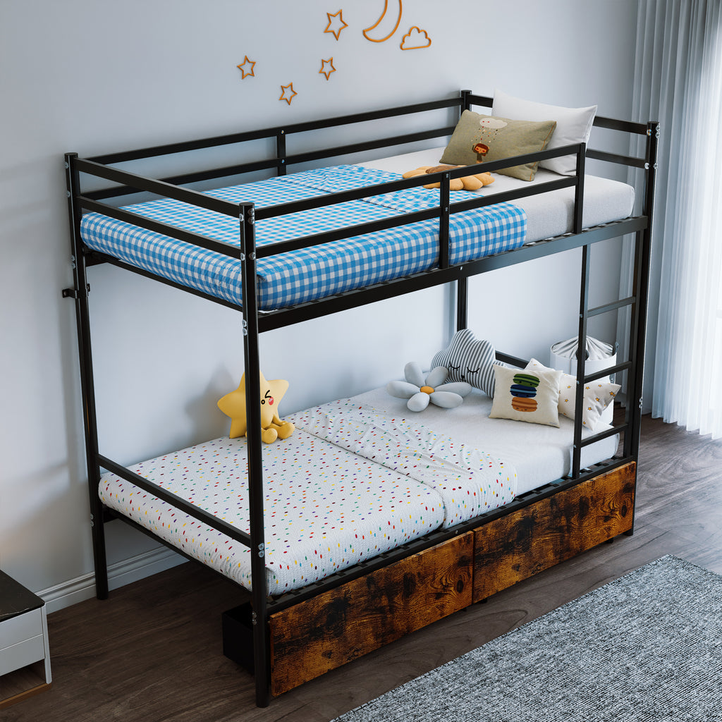 Kdymod Twin over Twin Metal Bunk Bed with Storage Drawers, Heavy Duty Bed Frame with Safety Guardrail & Entrance & Built-in Ladder, Black