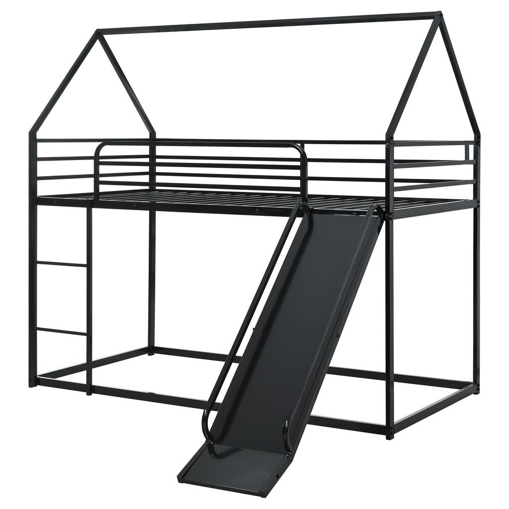 Uiowio Twin over Twin Bunk Bed with Stairs, Floor Bunk Bed Frame with Convertible Slide, Heavy Duty Metal Low Bed with House Shape and Roof, Black