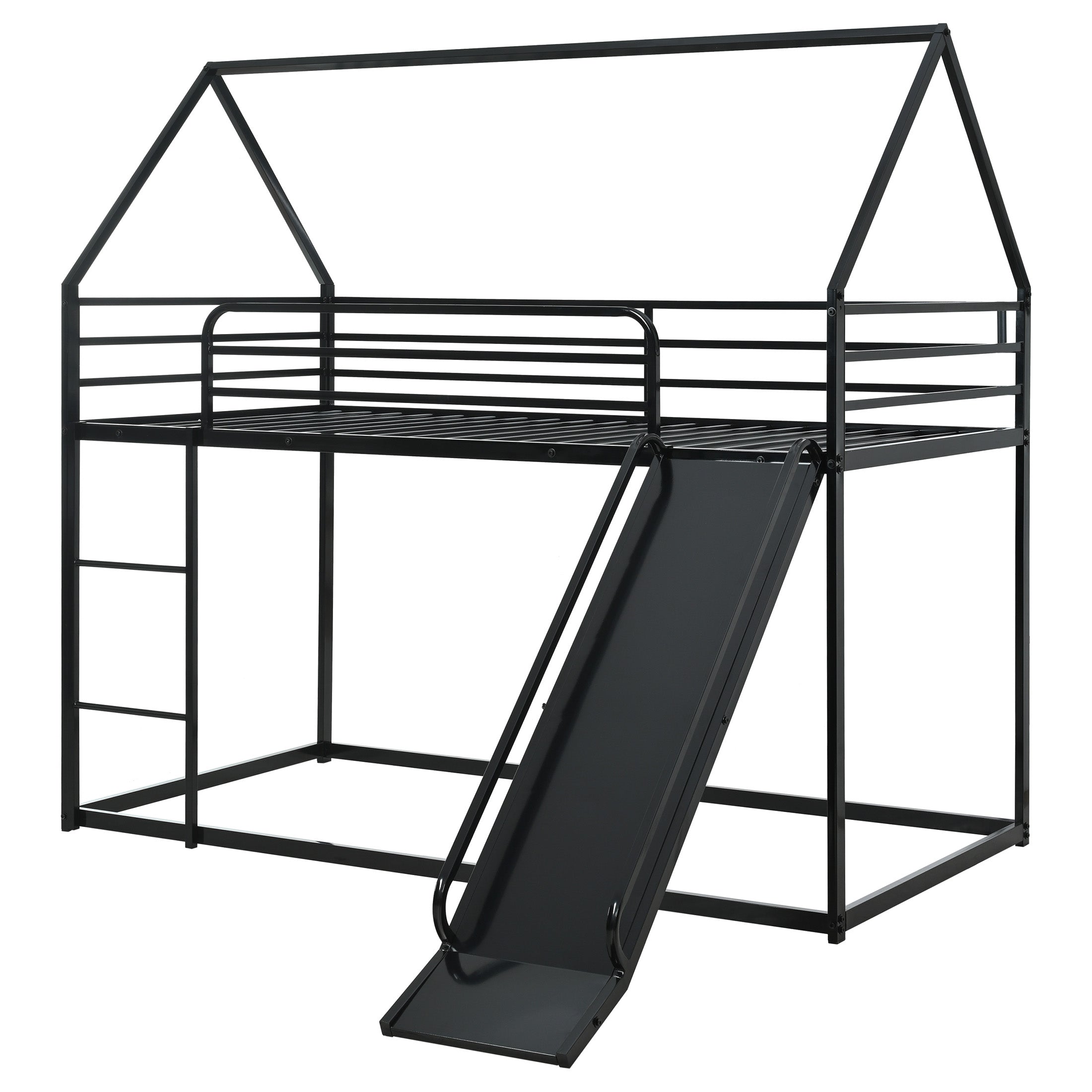 Uiowio Twin over Twin Bunk Bed with Stairs, Floor Bunk Bed Frame with Convertible Slide, Heavy Duty Metal Low Bed with House Shape and Roof, Black