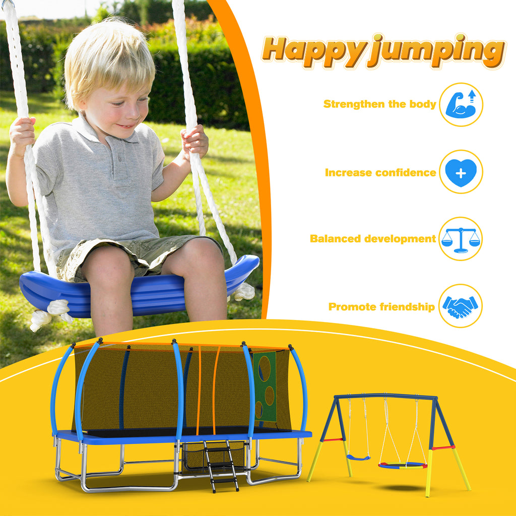 Mersco 10x16FT 4-in-1 Trampoline with Swing Set , Enclosure Net, Recreational Trampoline, Outdoor Kids and Adults Trampoline for Backyard, Beach, Birthday Gifts ,Blue