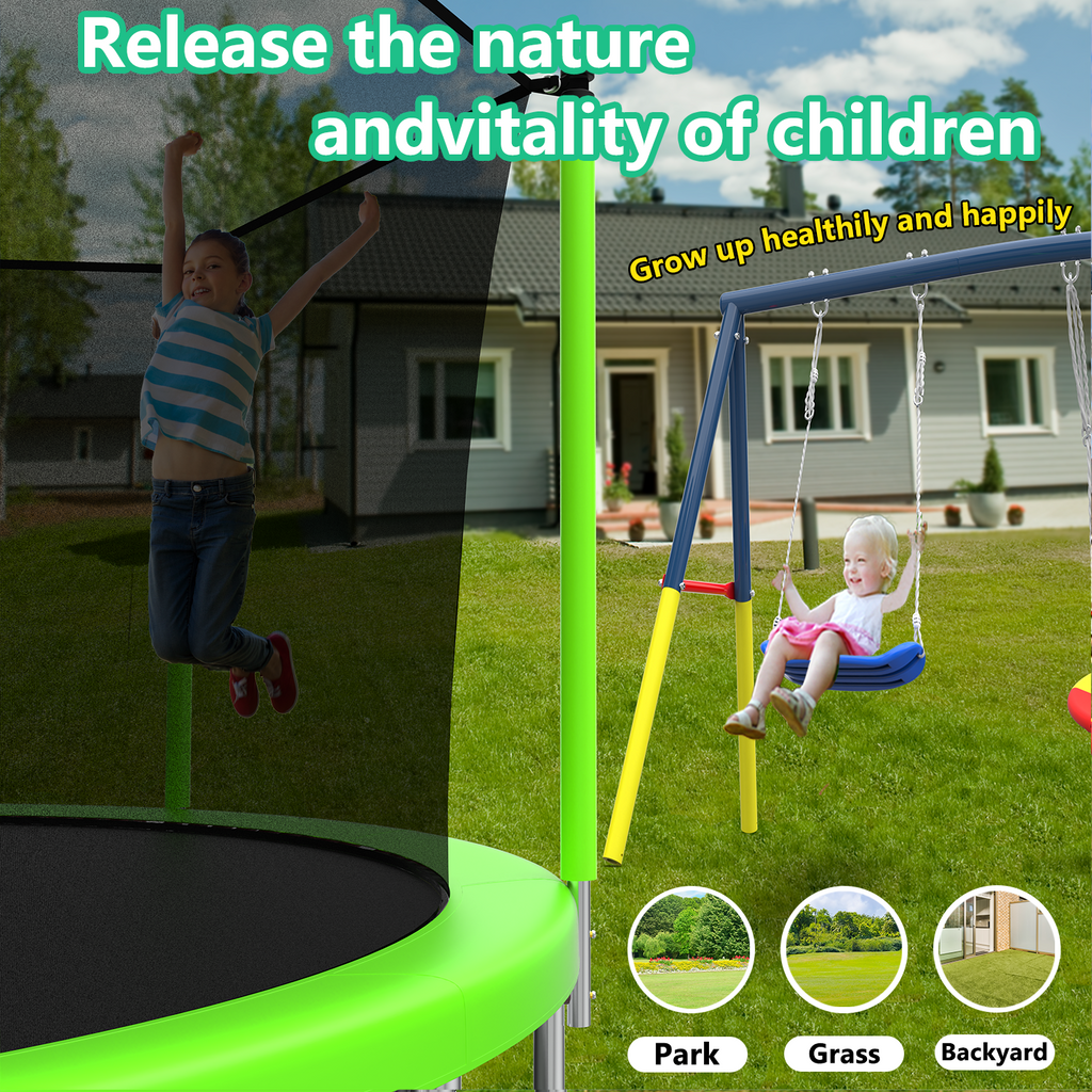 Mersco 16FT Heavy Duty Trampoline with Enclosure Net , Swing Set Outdoor Big Trampoline for Backyard,Kids Trampoline with Basketball Hoop,Birthday and Holiday Gifts for Kids,Green