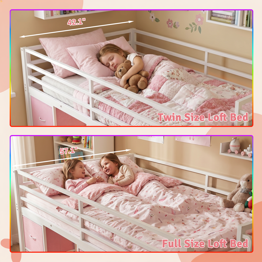 Kdymod Full Loft Bed with 6 Storage Drawers & Shelf, Loft Bed with LED Lights & Play Curtain, Metal Loft Bed Frame with Ladder & Safety Guardrail, Pink