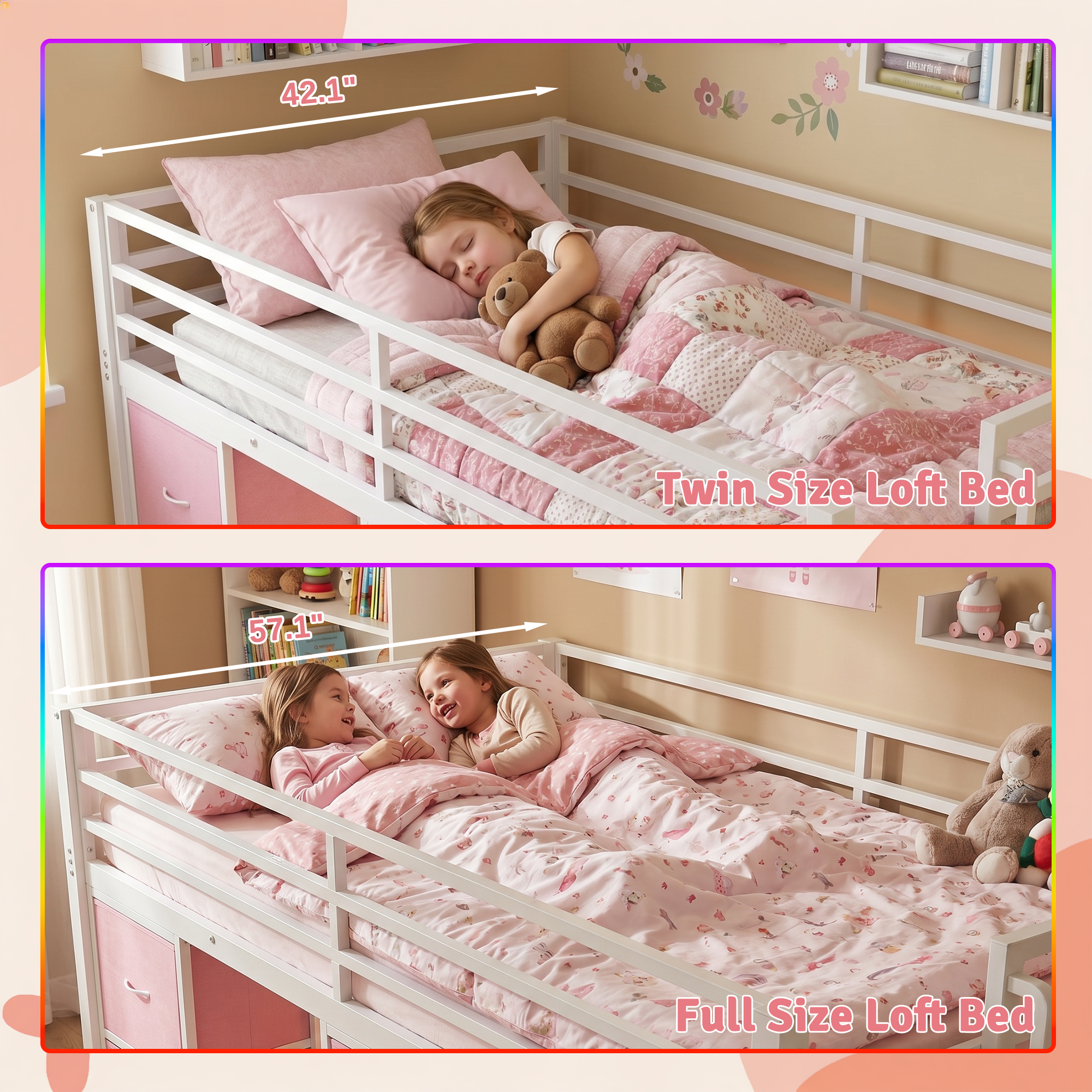 Kdymod Full Loft Bed with 6 Storage Drawers & Shelf, Loft Bed with LED Lights & Play Curtain, Metal Loft Bed Frame with Ladder & Safety Guardrail, Pink