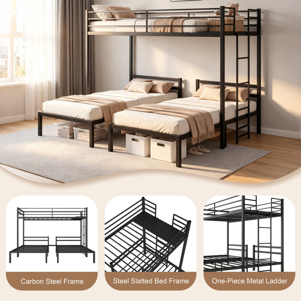 Netrum Triple Bunk Bed for Teens Adults,Heavy Duty Metal Bunk Beds Frame, with Ladder & Storage, Safe Guardrail, Twin over Twin over Twin Bunk Bed, No Box Spring Needed