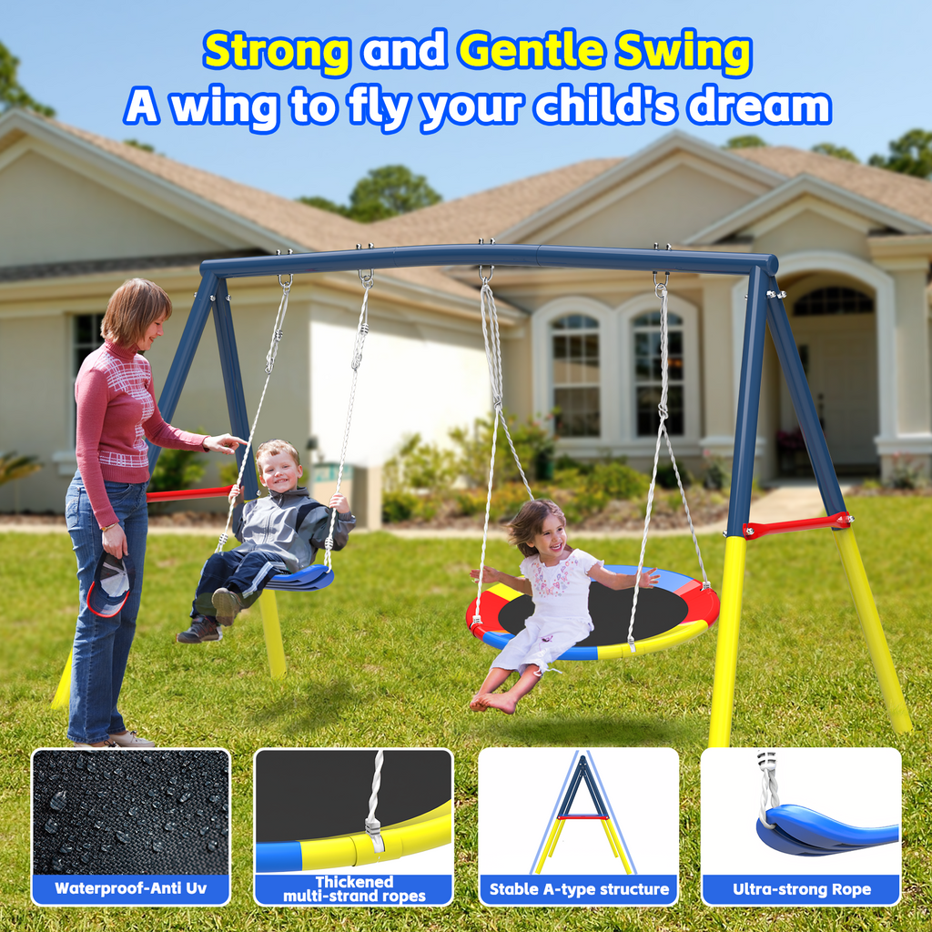 Mersco 12FT Heavy Duty Trampoline with Enclosure Net , Swing Set Outdoor Big Trampoline for Backyard, Kids Trampoline with Basketball Hoop,Kids Birthday and Festival Gifts, Blue