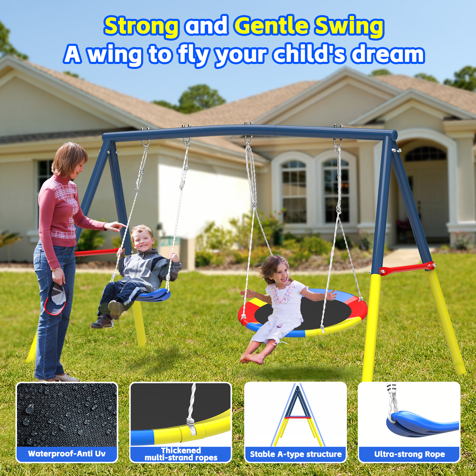 Mersco 12FT Heavy Duty Trampoline with Enclosure Net , Swing Set Outdoor Big Trampoline for Backyard, Kids Trampoline with Basketball Hoop,Kids Birthday and Festival Gifts, Blue