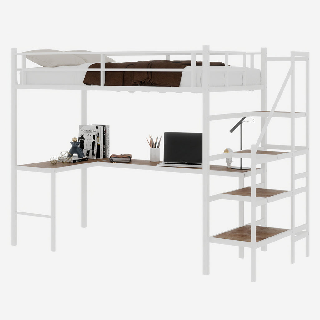 Uiowio Twin Loft Bed with L-Shaped Desk & Large Storage, Space-Saving Loft Bed Frame with Stairs & Continuous Guard Railing, White