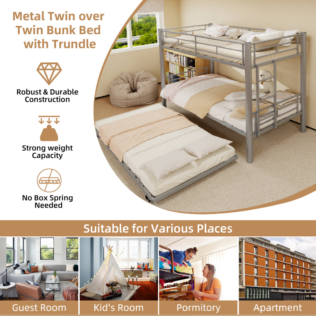 Kdymod Triple Bunk Bed Twin over Twin with Trundle, Convertible Metal Bunk Bed Frame with Ladder & Safety Guardrail, Space-Saving for Teens and Adults, Bedroom Dorm, Silver