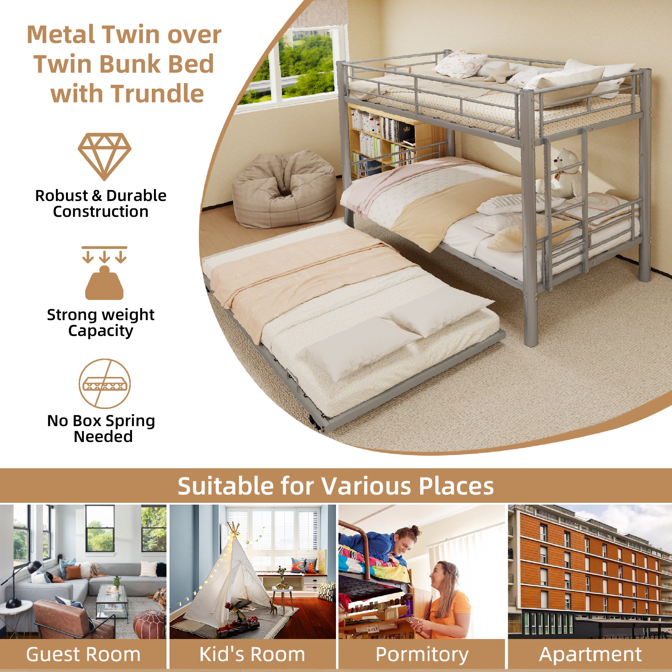 Kdymod Triple Bunk Bed Twin over Twin with Trundle, Convertible Metal Bunk Bed Frame with Ladder & Safety Guardrail, Space-Saving for Teens and Adults, Bedroom Dorm, Silver