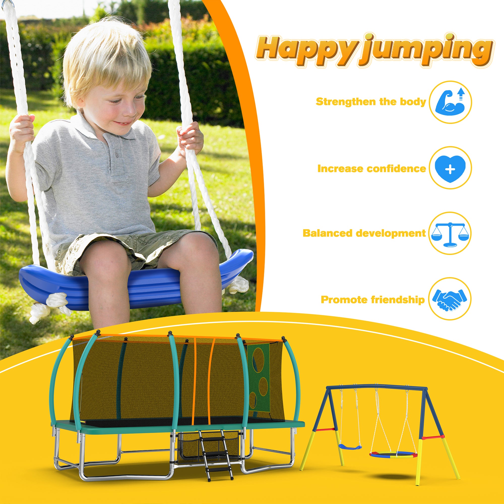 Mersco 10x16FT 4-in-1 Trampoline with Swing Set ,Enclosure Net, Recreational Trampoline, Outdoor Kids and Adults Trampoline for Backyard, Beach, Birthday Gifts ,Green