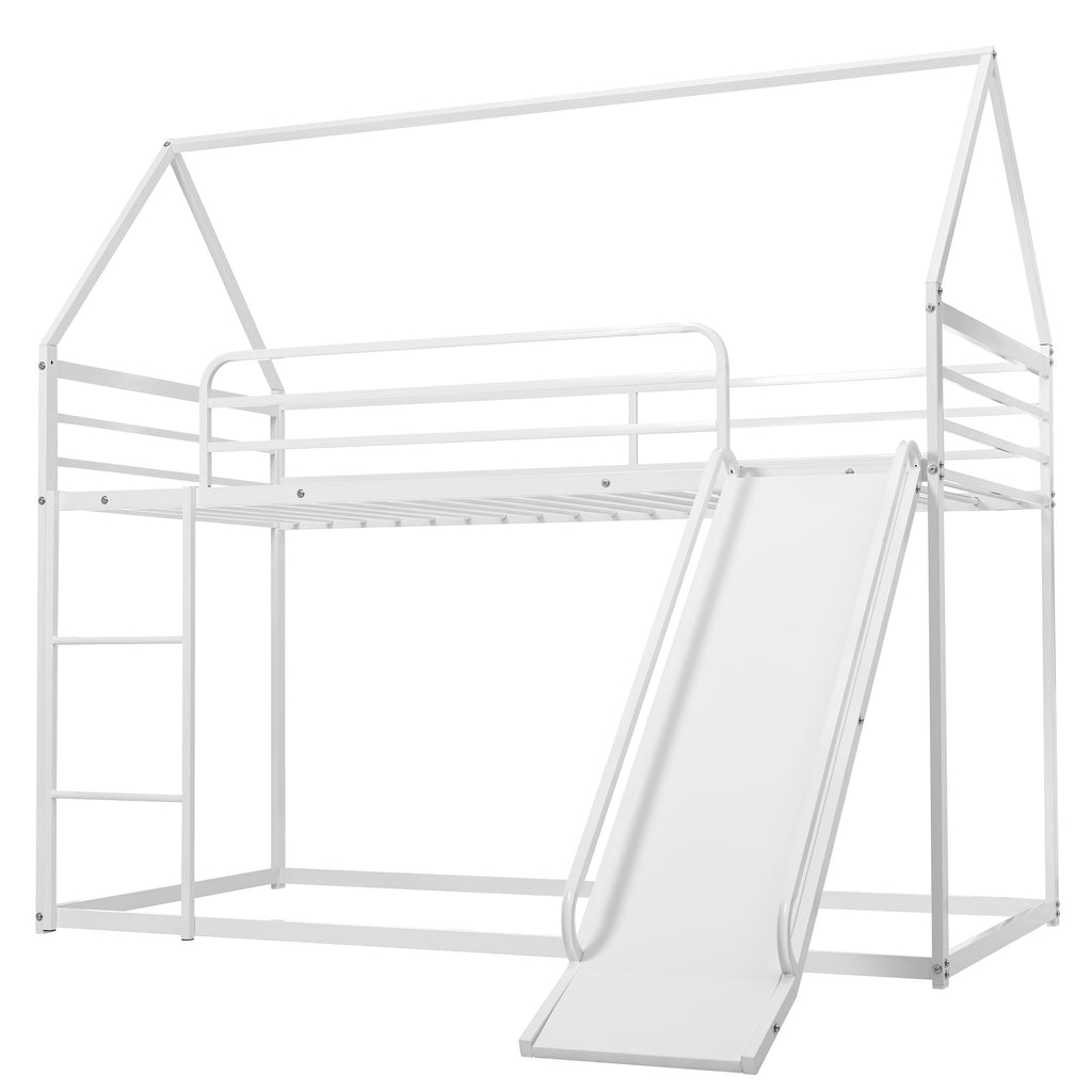 Uiowio Twin over Twin Bunk Bed with Stairs, Floor Bunk Bed Frame with Convertible Slide, Heavy Duty Metal Low Bed with House Shape and Roof, White