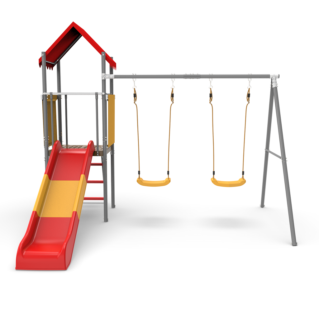 Mersco Metal Treehouse Swing Set with Slide,Heavy Duty Swing A-Frame Stand with 2 Belt Swings,Treehouse Slide with UV Resistant Canopy and Ladder,Outdoor Playset Slide Swing Set for Backyard