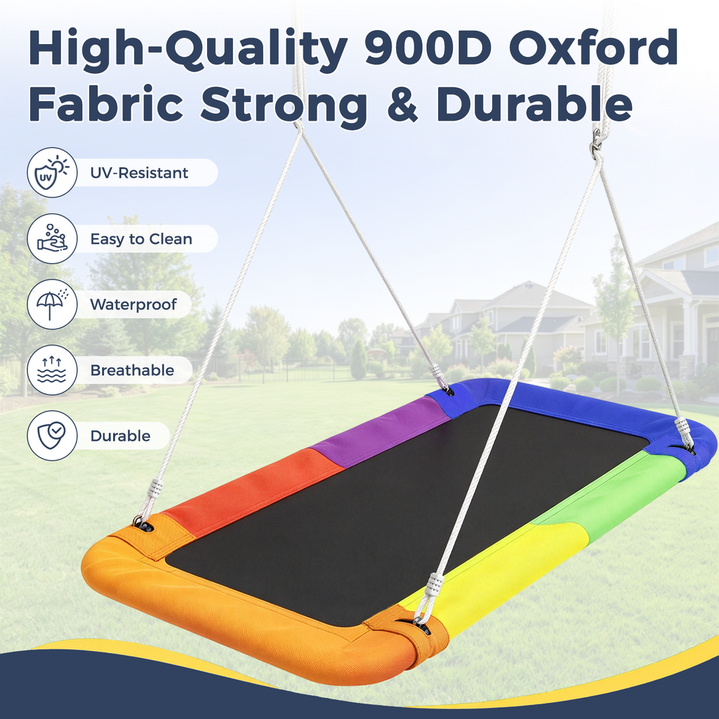 Kdymod 60 Inch Rectangular Platform Swing Set, PP + 900D Oxford Cushion, Metal A-Frame Swing for Backyard, 440 Lbs Capacity, Adjustable Ropes & Ground Nails, Blue