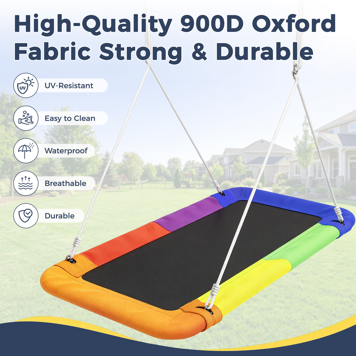 Kdymod 60 Inch Rectangular Platform Swing Set, PP + 900D Oxford Cushion, Metal A-Frame Swing for Backyard, 440 Lbs Capacity, Adjustable Ropes & Ground Nails, Blue