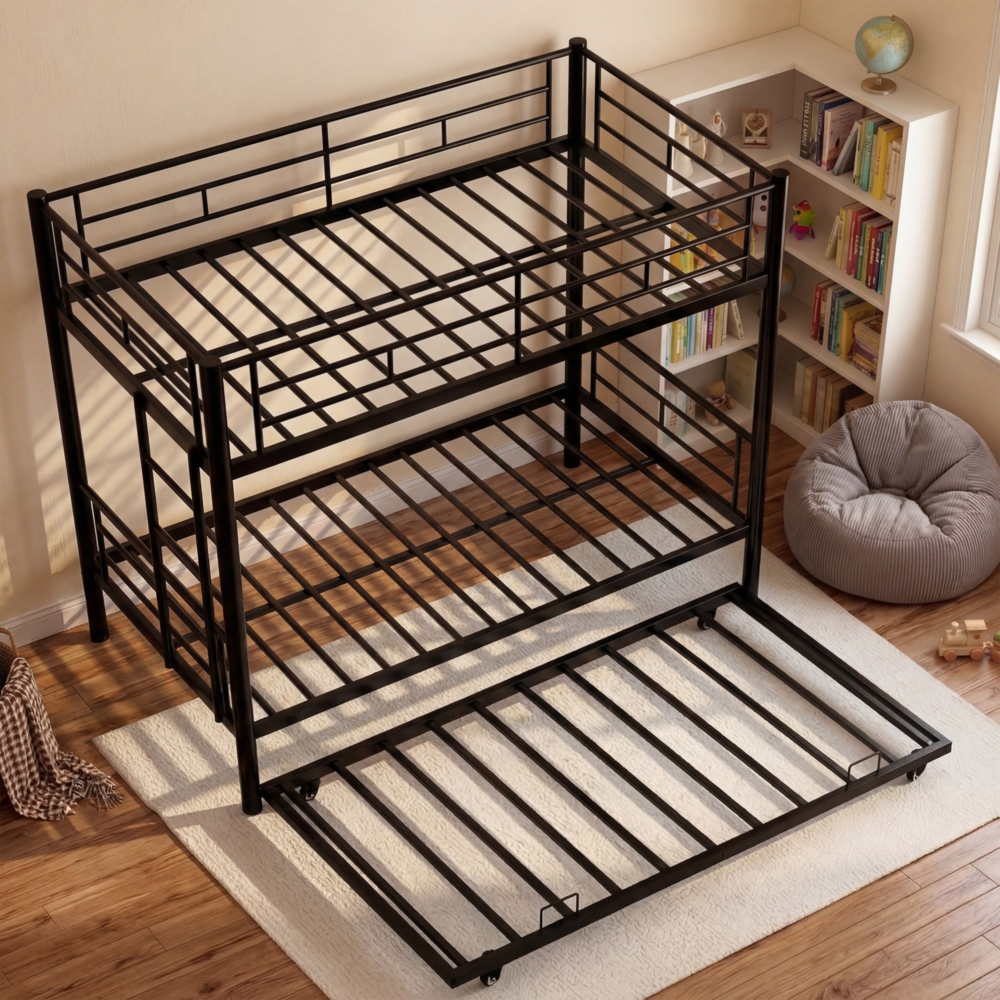 Kdymod Triple Bunk Bed Twin over Twin with Trundle, Includes 3 Twin Size 6" Green Tea Memory Foam Mattresses, Convertible Metal Frame with Ladder and Guardrail, for Teens and Adults, Black